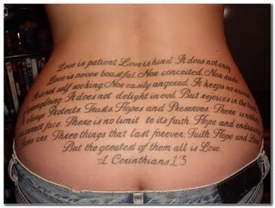 Nice religious lowerback letters tattoo do ya think she's made an ass of