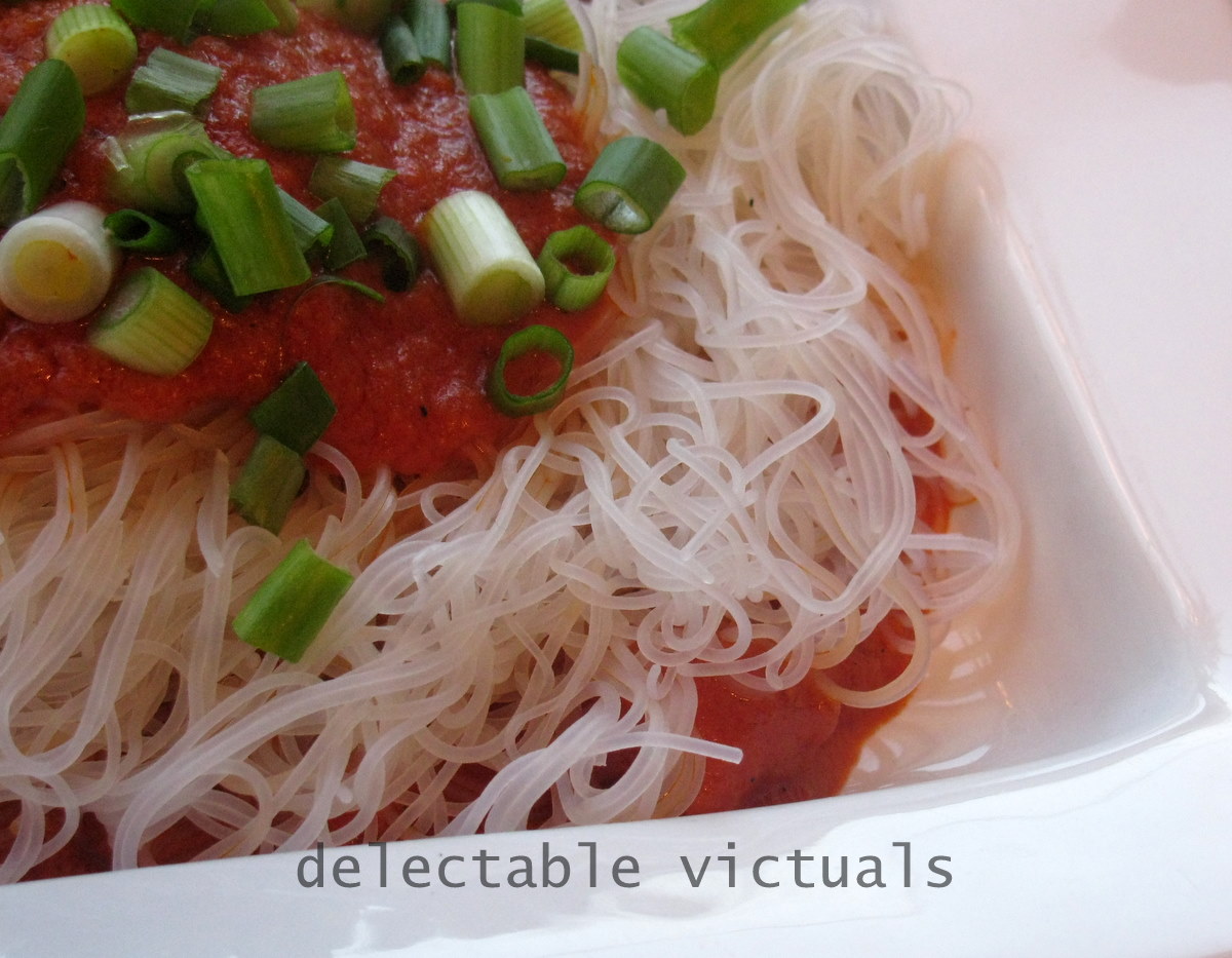 Delectable Victuals cellophane noodles in roasted red pepper sauce