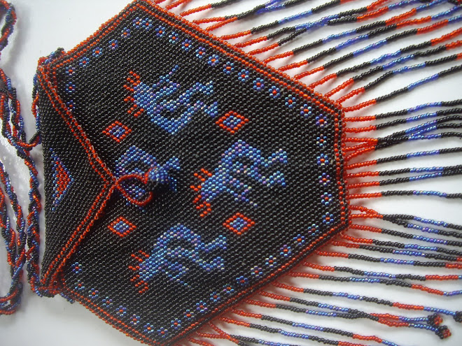 Handcrafted and Sewn, Brilliantly Colored Beadwork, Six-Sided Pattern, Bead Fringes.  Navy and Red.