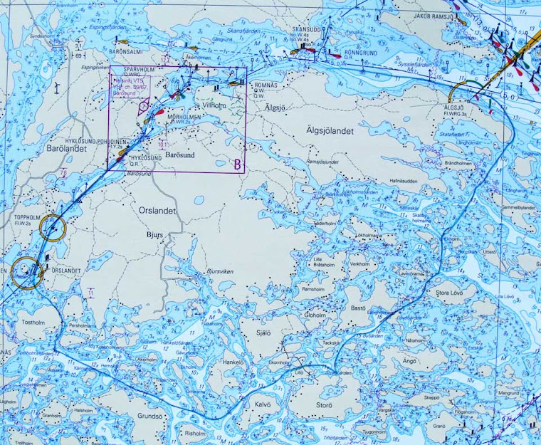 Kursens första rutt utstakat på sjökortet