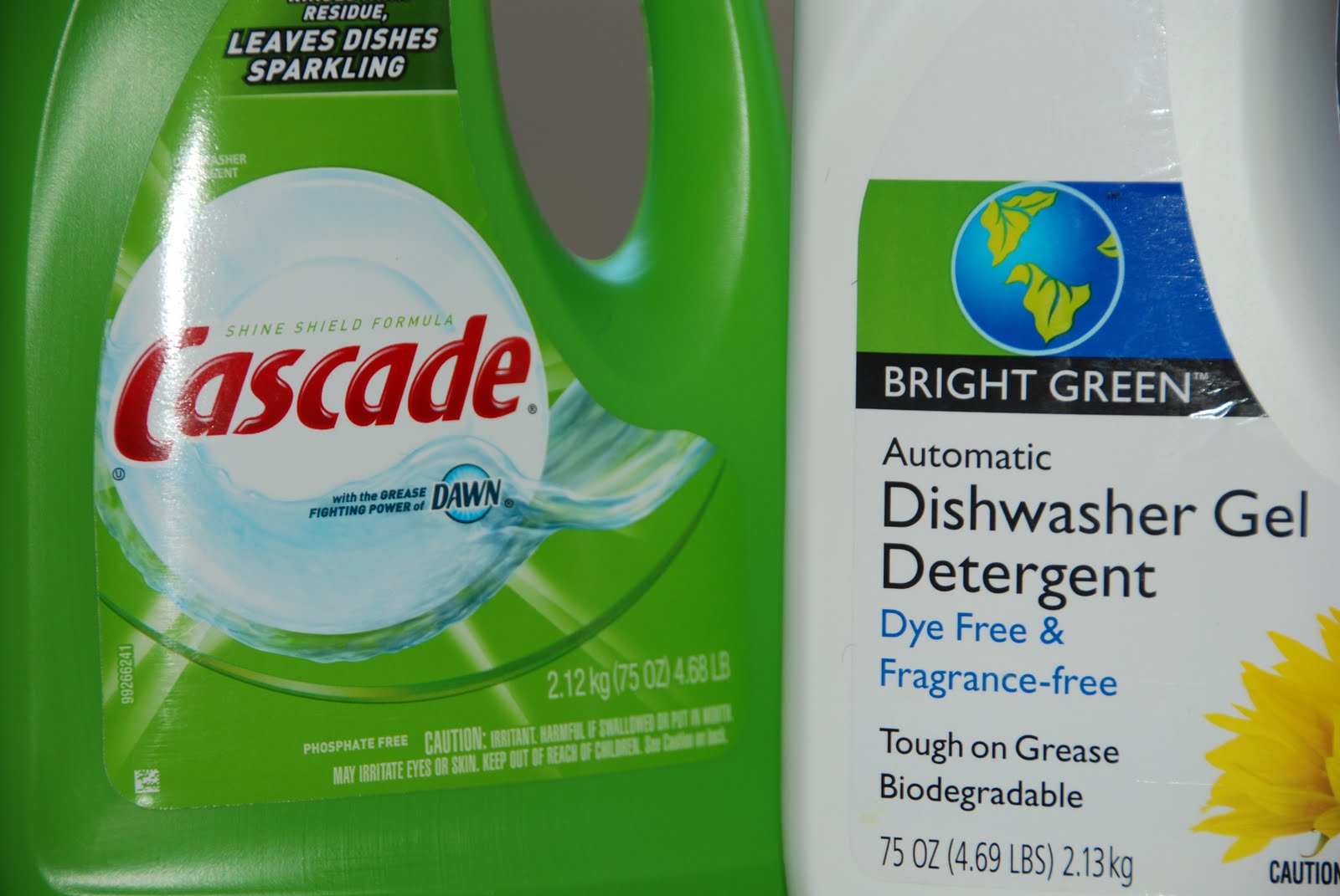 Dishwasher soap comparison Cascade vs. Bright Green