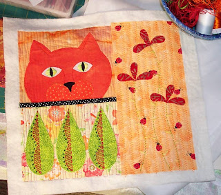 fabric collage cat flowers cotton batting stitch embroidery
