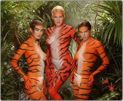 Three Girl With Sexy Body Painting Art, Striped Tiger Design