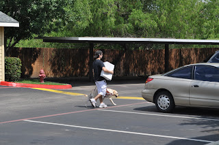 Darrell walking with his back towards me now as he goes to the sidewalk, he is just passing a small car and about to turn right onto the sidewalk