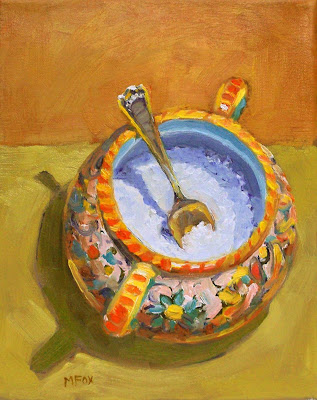 Sugar Bowl & Spoon: 8 x 10 small oil painting on canvas, sterling silver spoon, kitchen art, pottery bowl daily art Marie Fox