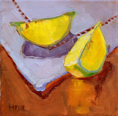 Lemon Slices on Napkin: fruit still life, kitchen art, lemons, wedges on linen napkin