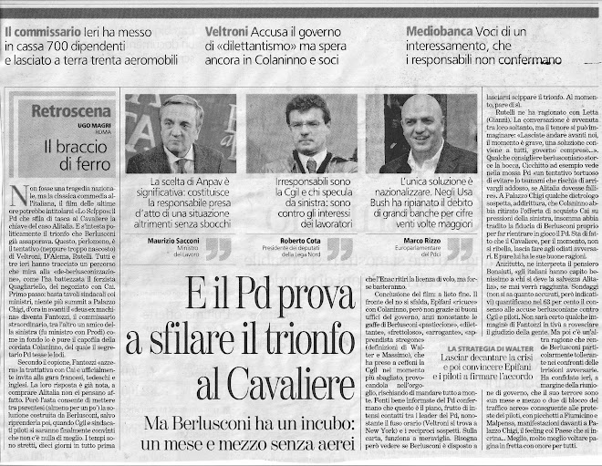 ALITALIA: "La Stampa" sabato 20.9.08. 26.9:dichiarazione di Marco Rizzo sulla firma della CGIL.