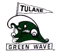 Christmas tree looking green wave has a growling facial expression while managing to make a pair of fists and holding a Tulane pennant with the words Green Wave below the drawing.