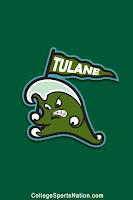 A green wave drawn to have human features hold a pennant flag reading Tulane against a green vertical shaped flag background.