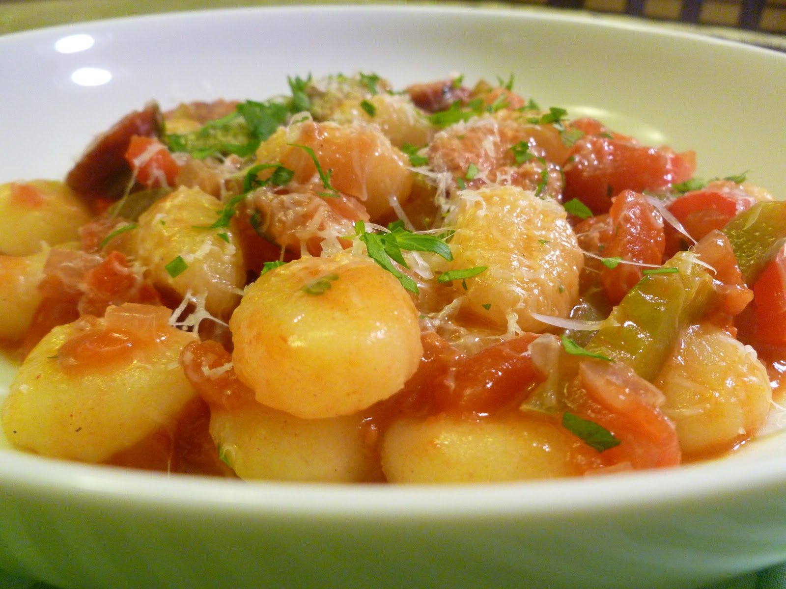 Vanilla Clouds and Lemon Drops Gnocchi with chorizo, peppers & spicy