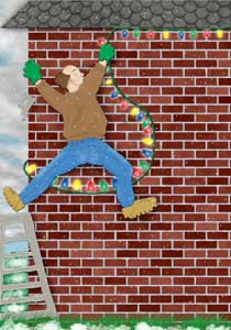 christmas lights hanging door decorations man funny office holiday contest decorating gutters diy hang pro doors outdoor december precariously decoration