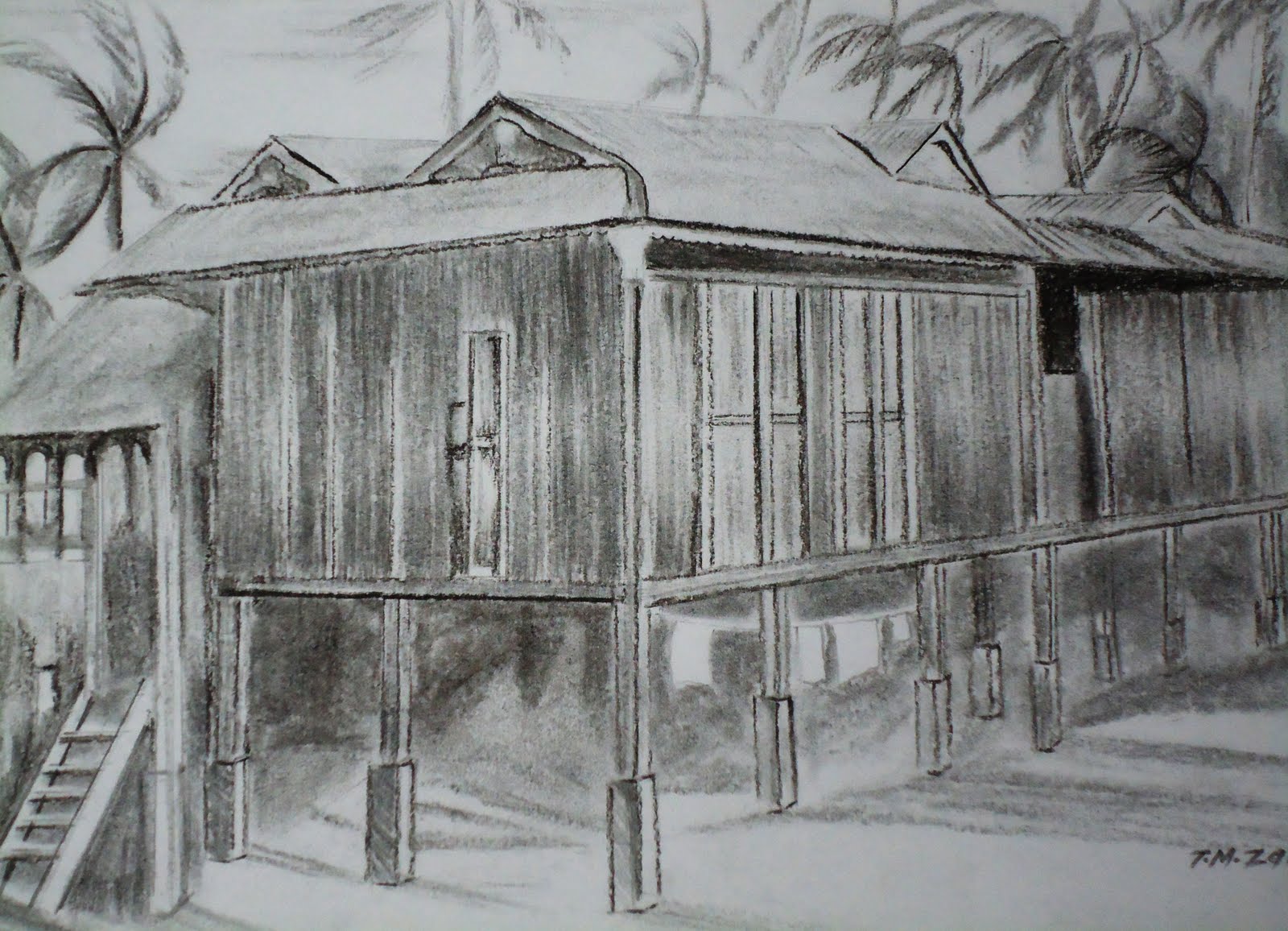 HASIL SENI LUKISAN: Kampung House ( Medium Charcoal )