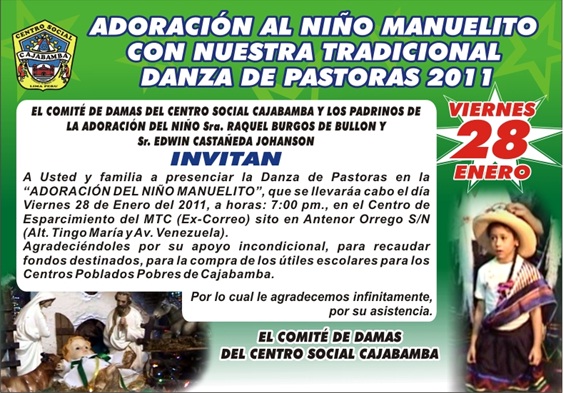 Centro Social Cajabamba invitan a la adoración del niño Manuelito este 28 enero