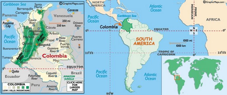 Map of South American and Colombia