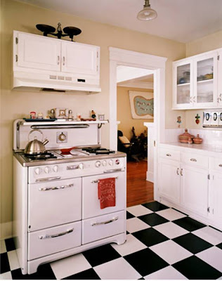 Joe Schmelzer Vintage Inspired Kitchen Black White Checker Board Floor Antique Stove