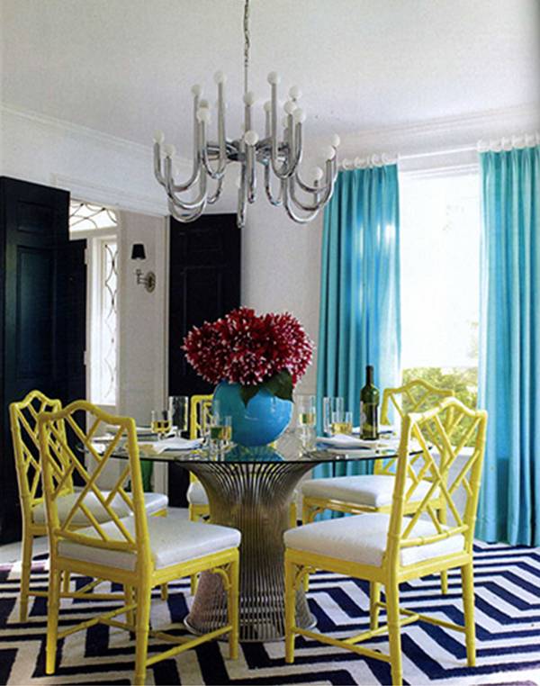 [jonathan+adler+liz+lange+country+residence+home+dining+room+yellow+chippendale+chairs+zigzag+rug+platner+table+turquoise+drapes+curtains.jpg]