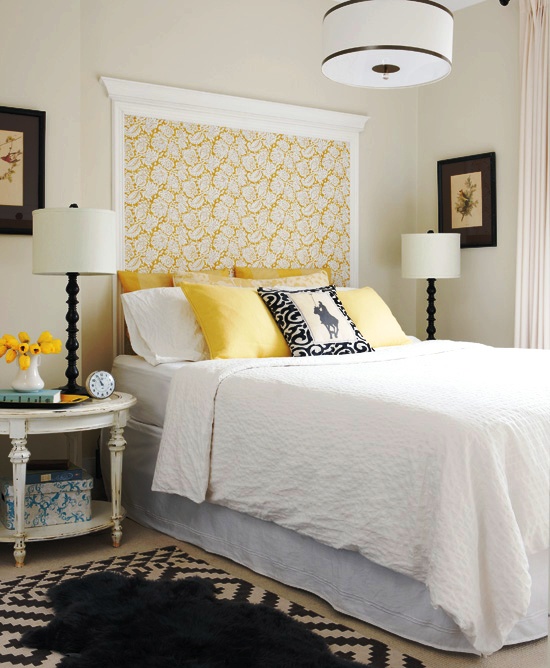 Master bedroom in black, white wallpaper yellow and white. Master bedroom in black, white