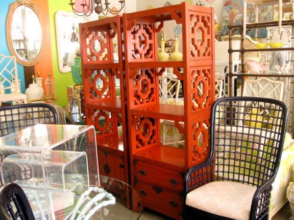 Two Red Fretwork Etageres by Thomasville