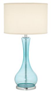 gourd-shaped table lamp made from transparent teal blue glass and topped with an off-white drum shade