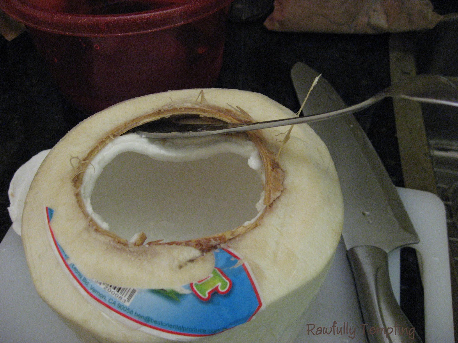 Your coconut is now ready to use. Chop into chunks and continue on
