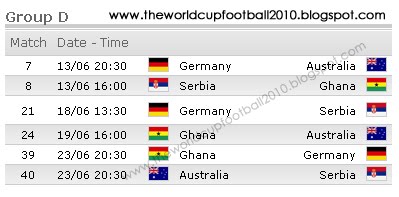 South Africa 2010 FIFA Football World Cup Match Schedule Time Table