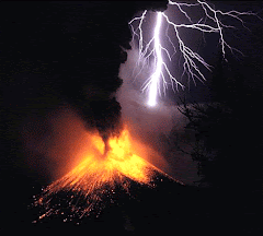 A volcanoe exploding and a lightning bolt