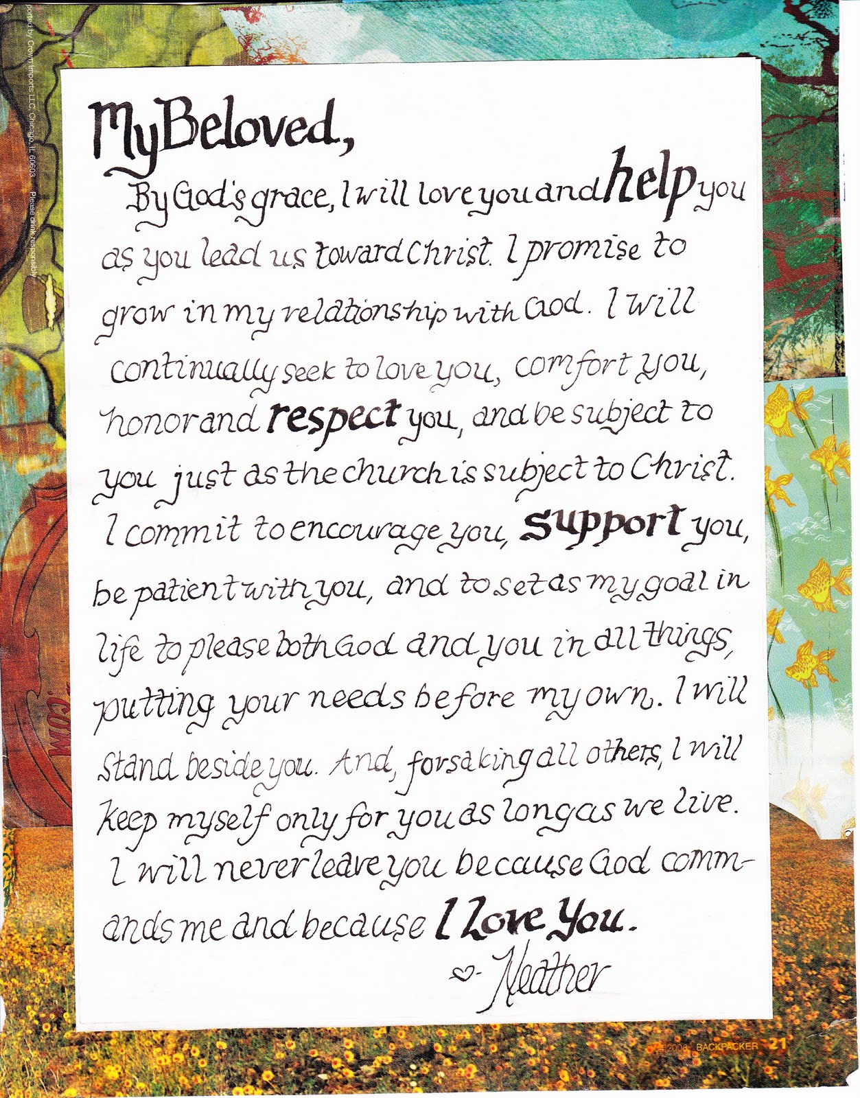 Vows written by Pastor Butch of Living Hope Church in College Station