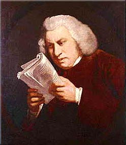 Samuel Johnson Squinting to read with his one eye.