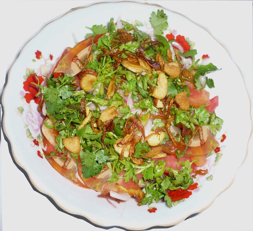 Preserved Duck Egg Salad in Burmese Language.