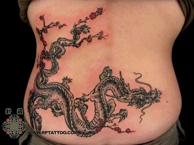Chinese character tattoo. Colorful Chinese art tattoo covering the body.
