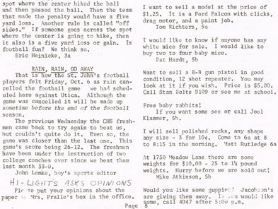 Page 8 (bottom part) of the October 1967 issue of Hi Lights, the student newspaper of St John Elementary School in Seward, Nebraska.