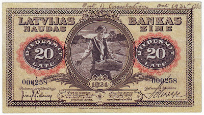 Currency of Latvia 20 Latvian Lats Latu banknote