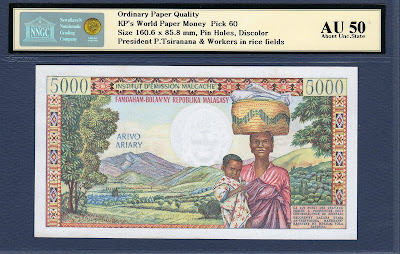 Madacascar currency banknotes 5000 Francs 1000 Ariary Central Bank of Madagascar Village Huts Banque Centrale Woman with baby and basket on Her head