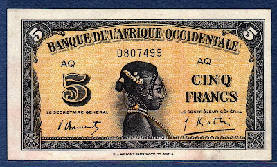 French West African 5 francs note