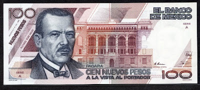 Mexican banknotes money 100 Nuevos Pesos banknote