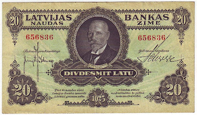 Latvia banknotes 20 Latvian Lats Latu, President of Latvia Janis Cakste