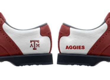 Texas A and M golf shoes with the ATM logo and the word AGGIES written on the second heel.