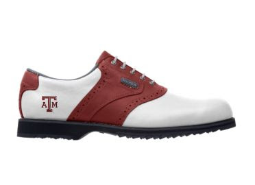 Texas A and M Aggies golf shoe that is crimson and white with an Aggies logo by the heel of this men's size 9 Footjoy product.