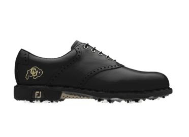 Black Colorado Buffaloes golf shoe that has a patent leather exterior and short cleats underneath along with a supported arch and thin laces.