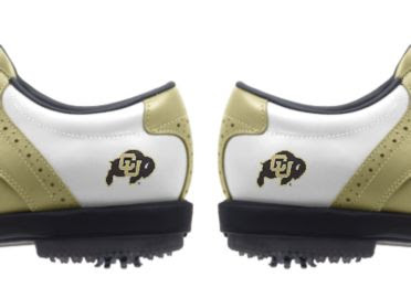 University of Colorado golf shoes for men with matching CU Buffaloes logos above soft plastic cleats that can be worn indoors.