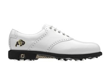 White CU Buffs golf shoe for women that has the FJ logo in addition to the Colorado logo on this classic design.