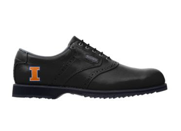 Black University of Illinois golf shoe with letter I logo on the heel of this men shoe size 10 made by Footjoy with indoor friendly grip.