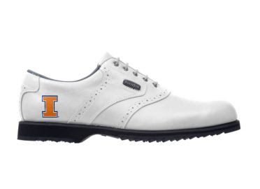 White Fighting Illini golf shoe with orange logo on this men's shoe size 10 standard design with black rubber cleats.