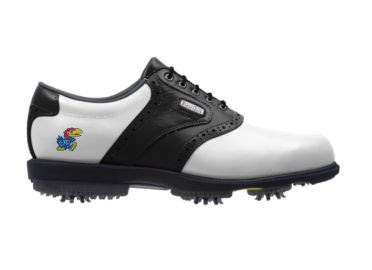 University of Kansas golf shoe with Big Jay mascot near the arch of this women's size 8 footwear with black trim on a classically designed white Footjoy product.