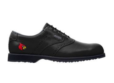 Black Louisville golf shoe with red logo on the heel of this lady's size 9 Footjoy product with gripped bottom and black exterior.