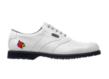 White Louisville golf shoe red logo near the arch support area with Footjoy logo on classic white design with white laces and black rubber sole.