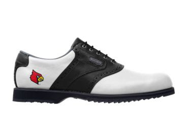 U of L Cardinals golf shoe with red, black, and yellow logo above the plastic cleats in the back of this ladies size 7 footwear with black shoelaces.
