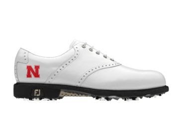White Nebraska Golf Shoe in Men's size 11 with Cornhuskers logo on the side of this traditional design with black cleats.
