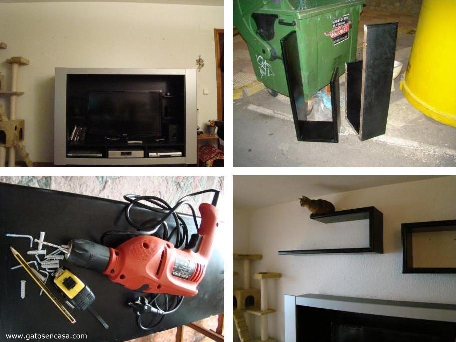 Estantería pasarela de gatos con muebles de la basura