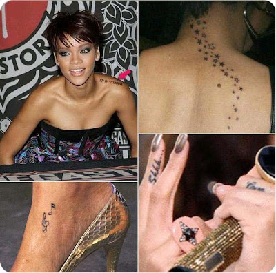 Tattoo s da Cantora Pop Rihanna tatuagens de estrelinhas nas costa subindo 